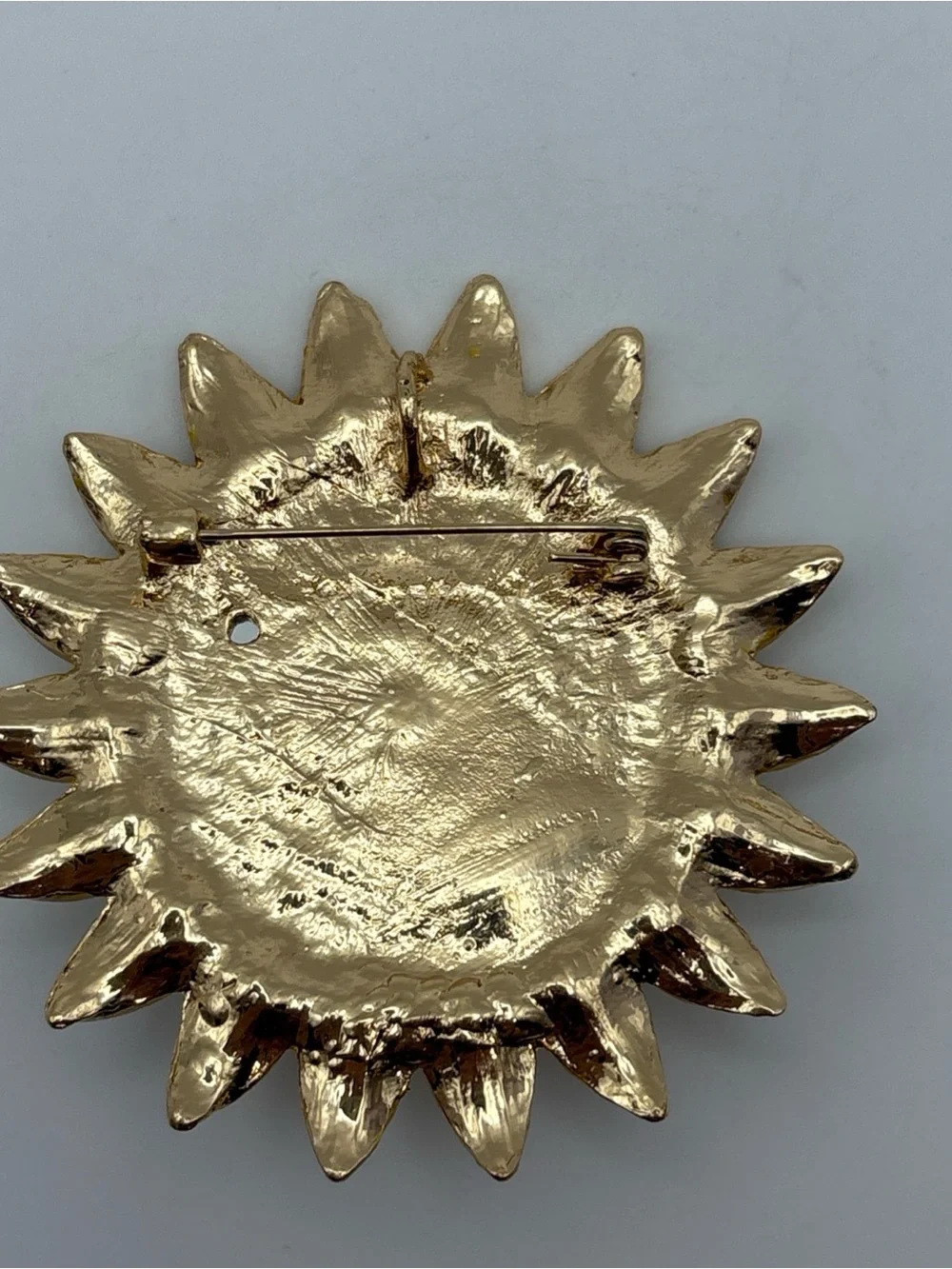 Iridescent Moon Face Sunburst Brooch with Aurora Rhinestones